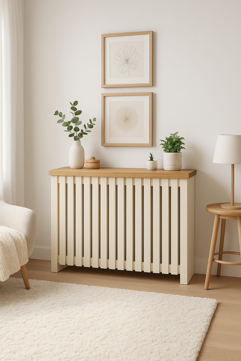 Cubreradiador lacado blanco con lamas verticales y tapa de madera