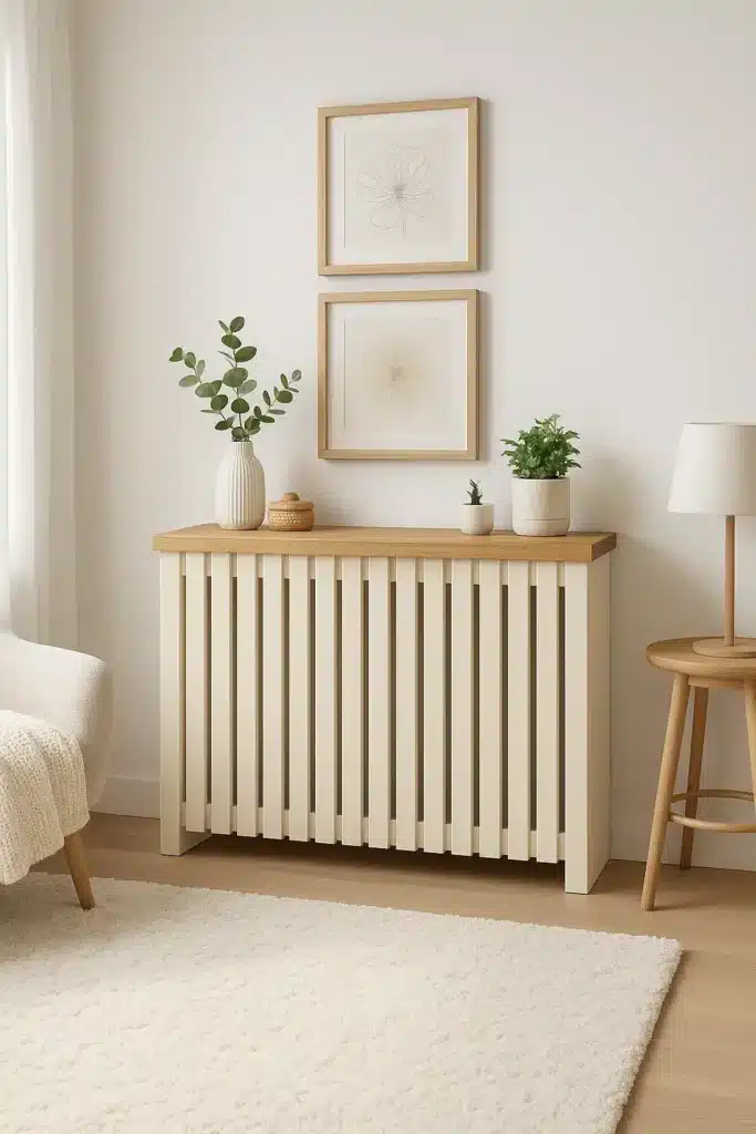 Nova 11, cubreradiador lacado blanco con tapa de madera, bajo dos láminas enmarcadas